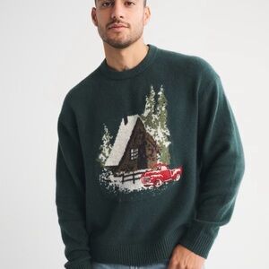 Abercrombie & Fitch Forest Green Sweater with Cabin and Red Truck Design